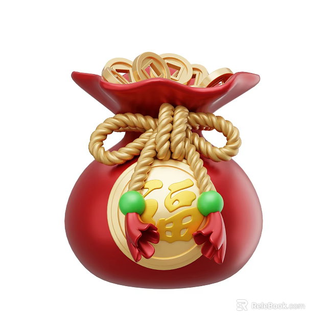 Decorative Ornament Set With Red Fortune Bag Golden Rope Knot Fortune Character And Green Beads 3d model 