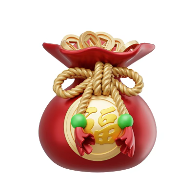 Decorative Ornament Set With Red Fortune Bag Golden Rope Knot Fortune Character And Green Beads 3d model