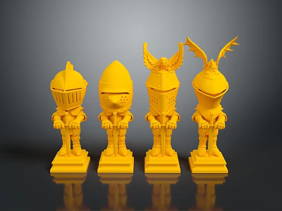 Detailed Carved Yellow Knight Sculptures With Intricate Armor Designs And Pedestals 3d model
