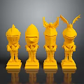 Detailed Carved Yellow Knight Sculptures With Intricate Armor Designs And Pedestals