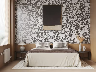Bedroom Interior With Black And White Stone Pattern Wallpaper Dark Painting Plaid Pillows Wooden Nightstands 3d model