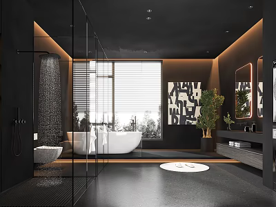 Modern Black Bathroom With Bathtub Shower And Art Decor 3d model
