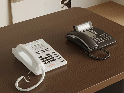 Two Digital Telephones White And Black With Keypad And Handset On Wooden Table 3d model