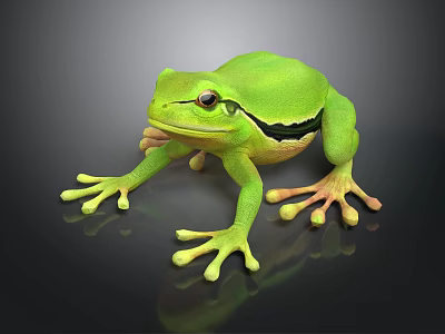 Green Tree Frog With Black Stripe Large Eyes And Suckers On Dark Surface 3d model