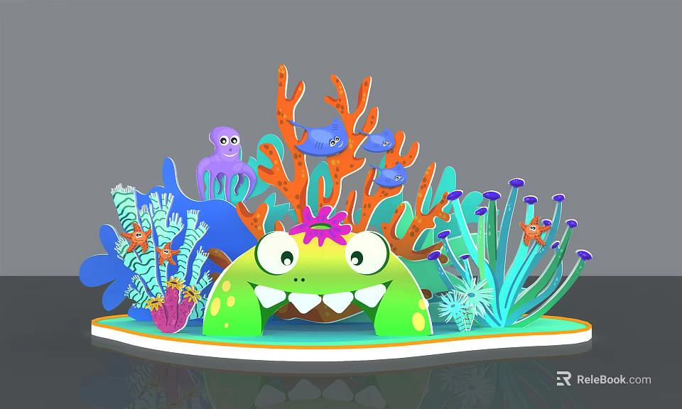 Cartoon Underwater Scene with Green Frog Creature Colorful Corals Purple Octopus and Blue Fish 3d model 