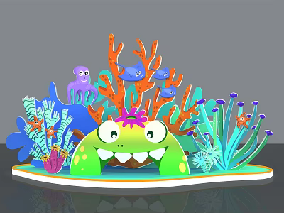 Cartoon Underwater Scene with Green Frog Creature Colorful Corals Purple Octopus and Blue Fish 3d model