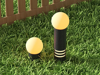 Outdoor Lights with Round Shades Dark Poles and White Stripes on Grass by Wooden Fence 3d model