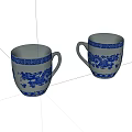 Traditional Blue and White Ceramic Tea Cups With Dragon Pattern And Geometric Borders 3d model
