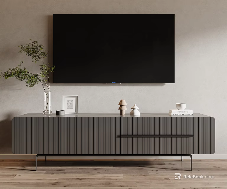 Modern Gray TV Stand with Vertical Stripes Black Legs and Green Plant on Wooden Floor 3d model 