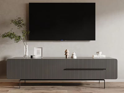 Modern Gray TV Stand with Vertical Stripes Black Legs and Green Plant on Wooden Floor 3d model