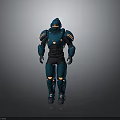 Blue 3D Robot Character With Yellow Accents And Armor Design In Standing Pose