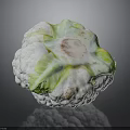 Fresh Cauliflower with White Florets and Green Leaves on Dark Reflective Background