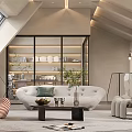 Modern Loft Style Living Room With Sloped Ceiling Skylight And Glass Door Bookshelf