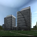 Modern High Rise Office Buildings With Glass Curtain Walls In Green Park Surroundings