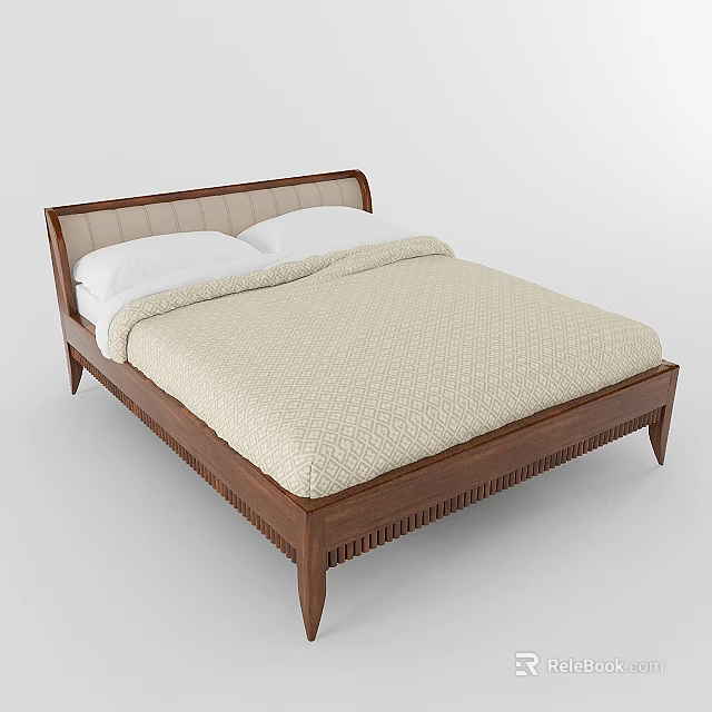 Minimalist Double Bed with Wooden Frame and Upholstered Headboard Beige Quilt and White Pillows 3d model 