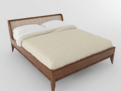 Minimalist Double Bed with Wooden Frame and Upholstered Headboard Beige Quilt and White Pillows 3d model