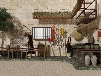 New Chinese Farm Tools Ancient Kitchen Script Killing Ancient Fishermen Ancient Fishing Boat Umbrella Fishing Net Dustpan Kitchen Chili Garlic Corn Fish Old Kitchen Old Middle 3d model