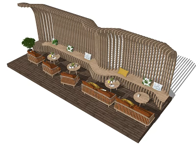 Public Chair With Wooden Wave Design For Outdoor Public Space Relaxation Area 3d model