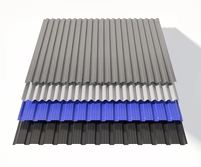 Stacked Corrugated Metal Sheets In Different Colors Gray White Blue And Dark Gray 3d model