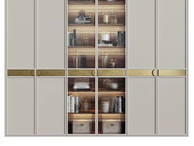 Modern Decorative Cabinet Design With Mesh Doors Metal Accents And Interior Lighting 3d model