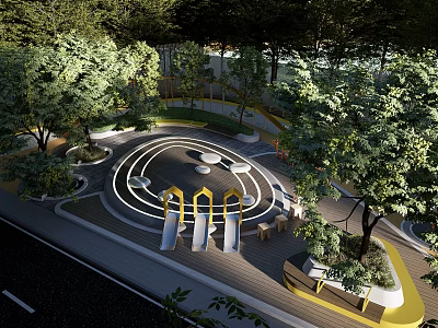 Scenic Park Landscape with Circular Area Yellow Slides Trees Benches and Wooden Deck 3d model