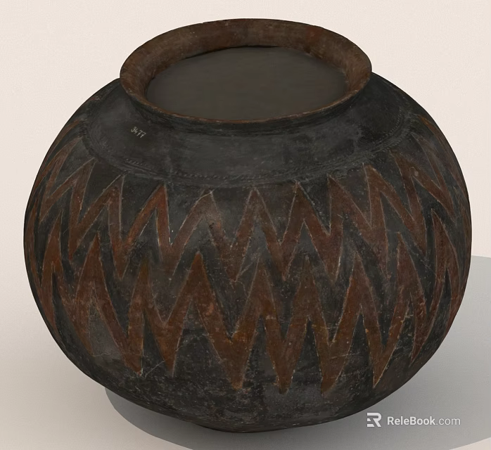 Traditional Round Clay Pot With Brown Zigzag Patterns And Black Surface 3d model
