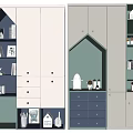 Modern Wardrobe With White Gray Green Blue Design Open Shelves Drawers And Decorative Items