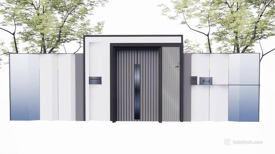 Modern Garden Landscape Entrance With White Walls Black Wooden Gate And Green Trees 3d model 