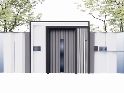 Modern Garden Landscape Entrance With White Walls Black Wooden Gate And Green Trees 3d model