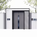 Modern Garden Landscape Entrance With White Walls Black Wooden Gate And Green Trees