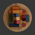 Colorful Wooden Blocks Building Small House With Various Shapes On Round Wooden Tray