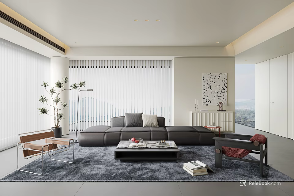 Modern Minimalist Living Room With Large Gray L Shaped Sofa And Black Coffee Table 3d model 