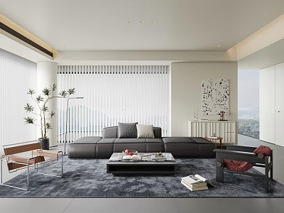 Modern Minimalist Living Room With Large Gray L Shaped Sofa And Black Coffee Table 3d model