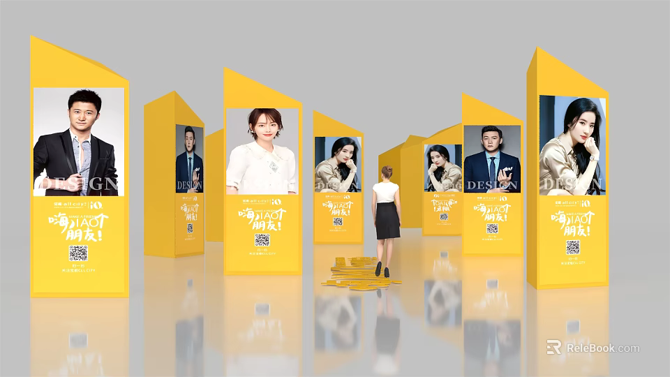 Yellow Display Boards with People Photos in Modern Exhibition Space with Design Elements 3d model 