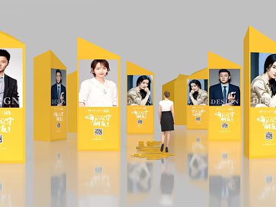 Yellow Display Boards with People Photos in Modern Exhibition Space with Design Elements 3d model