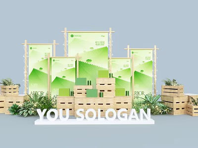 Eco Friendly Display Stack With Green Backdrop Banner Panels Wooden Crates And Slogan Sign 3d model