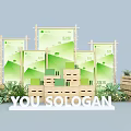Eco Friendly Display Stack With Green Backdrop Banner Panels Wooden Crates And Slogan Sign