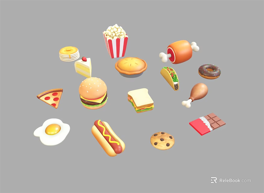 Delicious Assorted Food Collection Featuring Hamburger Pizza Hotdog Sandwich Popcorn And Chicken Leg 3d model 