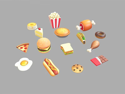 Delicious Assorted Food Collection Featuring Hamburger Pizza Hotdog Sandwich Popcorn And Chicken Leg 3d model