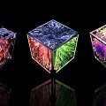 Vibrant Art Installation With Transparent Cube And Shimmering Red Blue Crystals