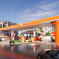 Orange Canopy Gas Station With Fuel Dispensers Motorcycle And Blue Sky