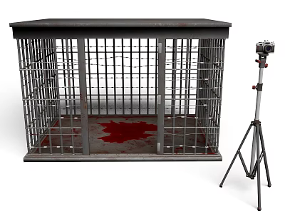 Indoor Scene Featuring Metal Cage With Bloodstain And Tripod Camera 3d model