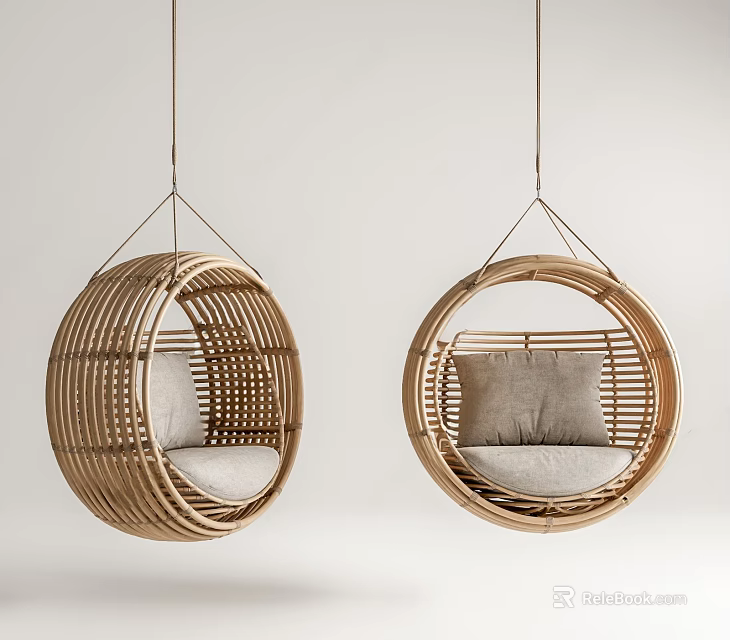Pair of Round Natural Rattan Hanging Chairs with Soft Cushions for Interior Design 3d model 