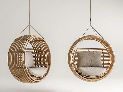 Pair of Round Natural Rattan Hanging Chairs with Soft Cushions for Interior Design 3d model