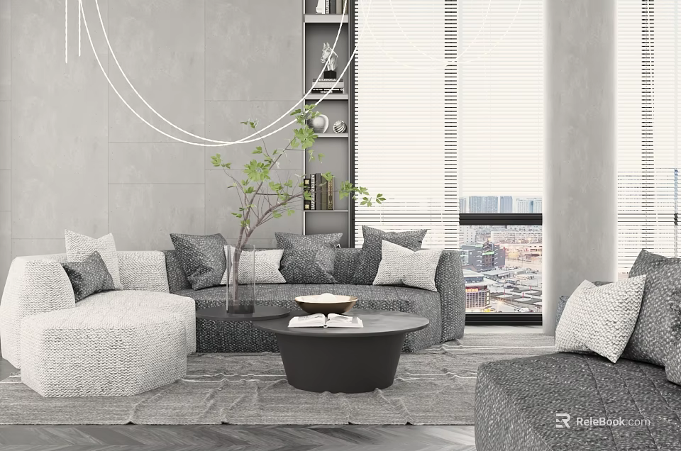 Modern Gray Sofa And Round Coffee Table Set With Pillows By Window City View 3d model 