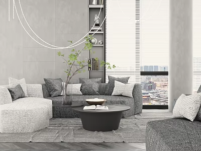 Modern Gray Sofa And Round Coffee Table Set With Pillows By Window City View 3d model