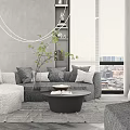 Modern Gray Sofa And Round Coffee Table Set With Pillows By Window City View