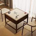 Wooden Entertainment Table With Chessboard Pieces And Two Chairs In Modern Indoor Setting