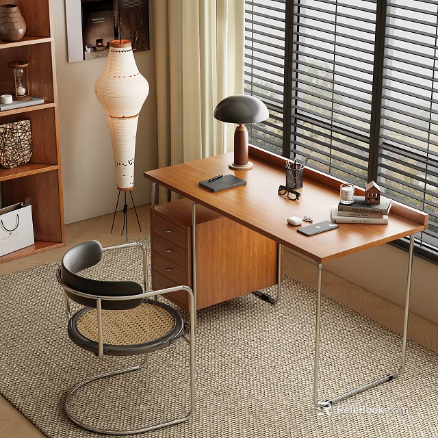 Cozy Home Office Interior With Wooden Desk Table Lamp Chair And Window Blinds 3d model 