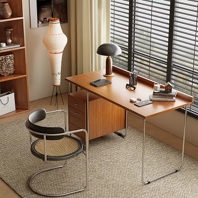 Cozy Home Office Interior With Wooden Desk Table Lamp Chair And Window Blinds 3d model